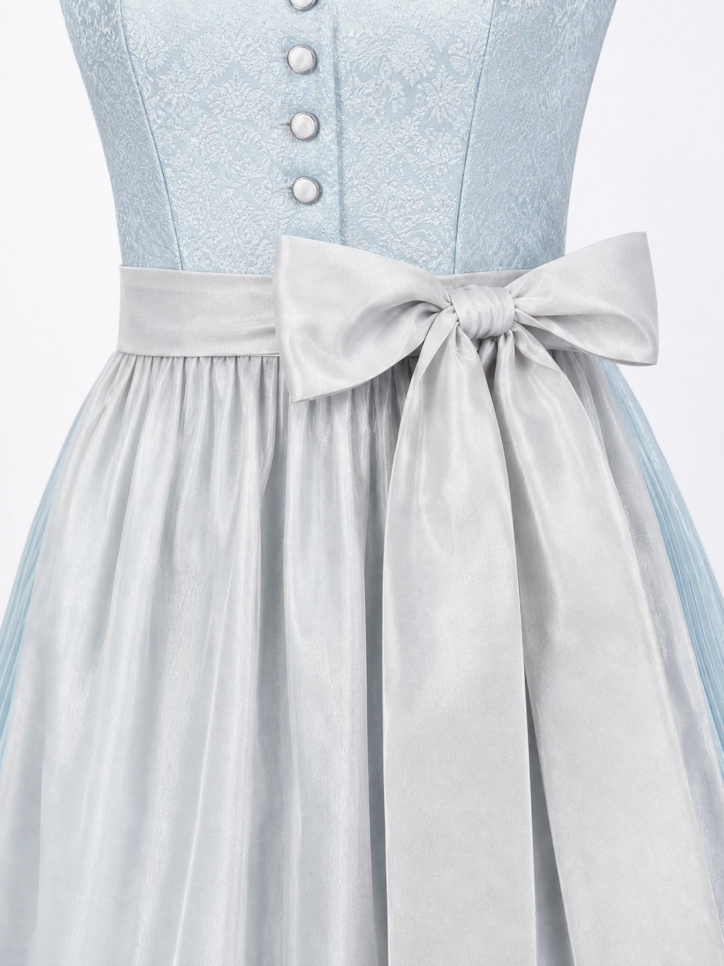 Dirndl Luise in Eisblau mit Perlgrau Schürze - Detailansicht Taille und Schleife