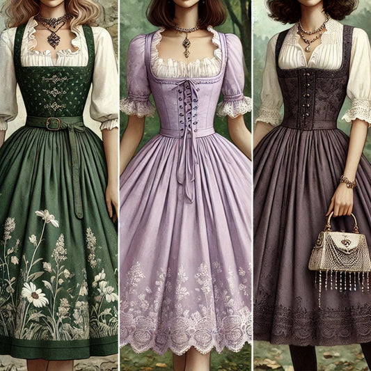 Die Schönheit von dunkelgrünem Dirndl, lilafarbenem Dirndl und dunklem Dirndl