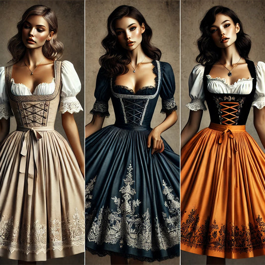 Die Schönheit von beigen, dunkelblauen und orangefarbenen Dirndln