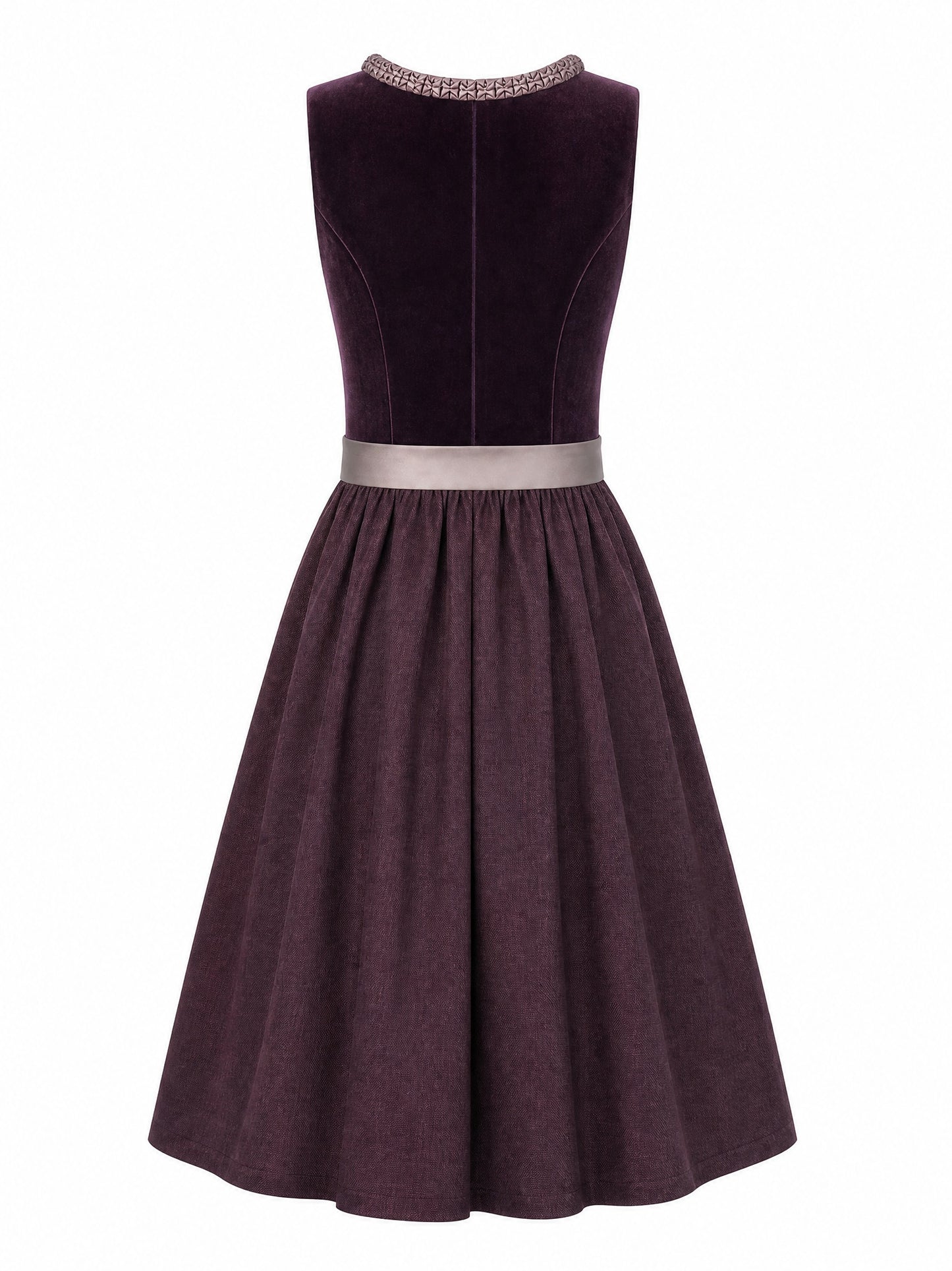 Dirndl Bea in Brombeere mit Taupe Schürze - Rückansicht