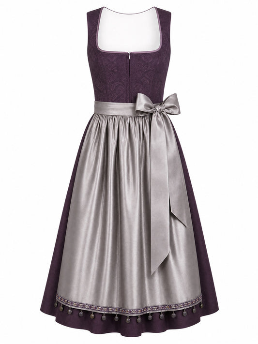 Dirndl Helena in Aubergine mit Perlgrau Schürze - Vorderansicht