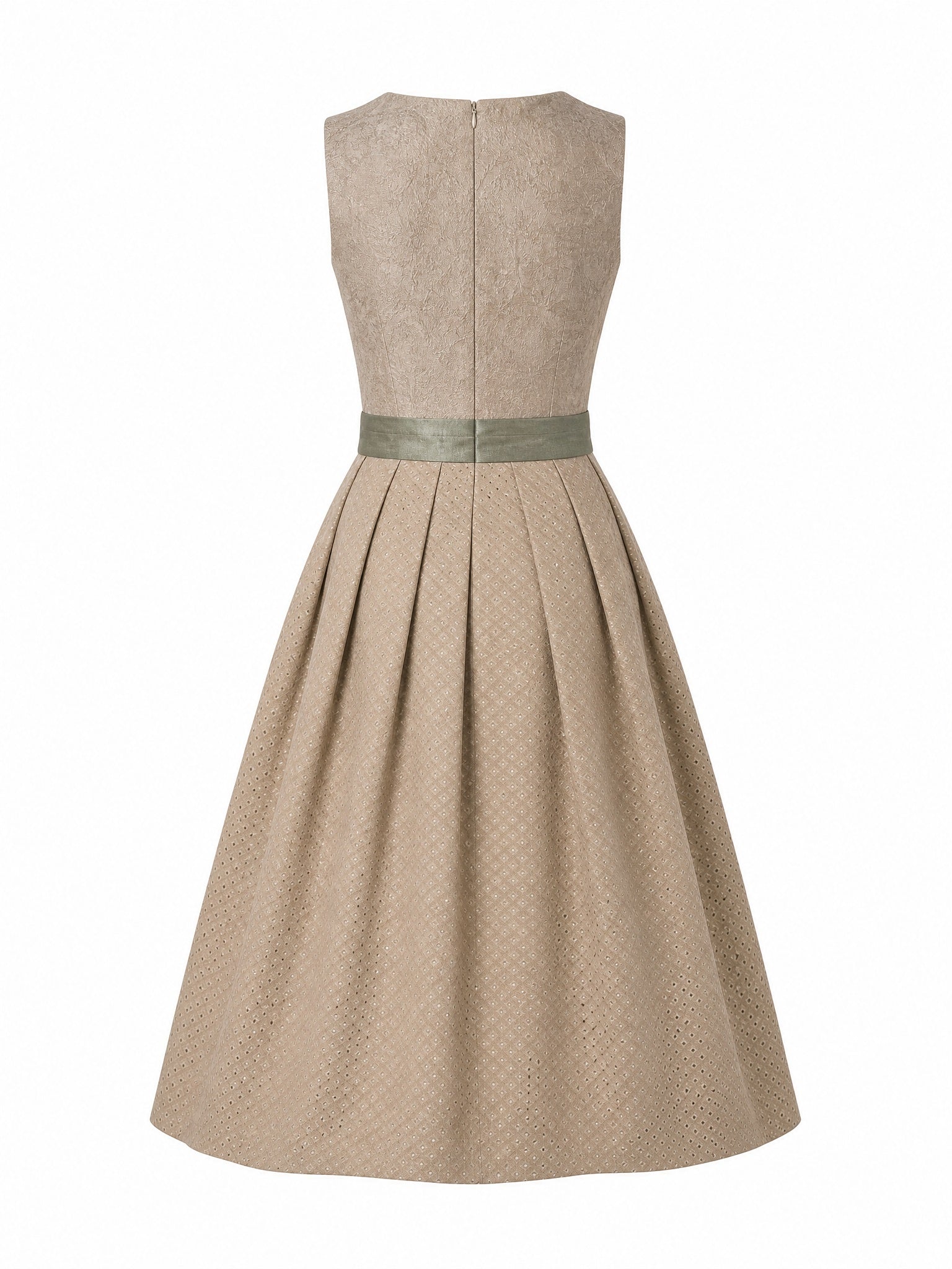 Dirndl Ella in Tonbeige mit Eukalyptusgrün Schürze - Rückansicht
