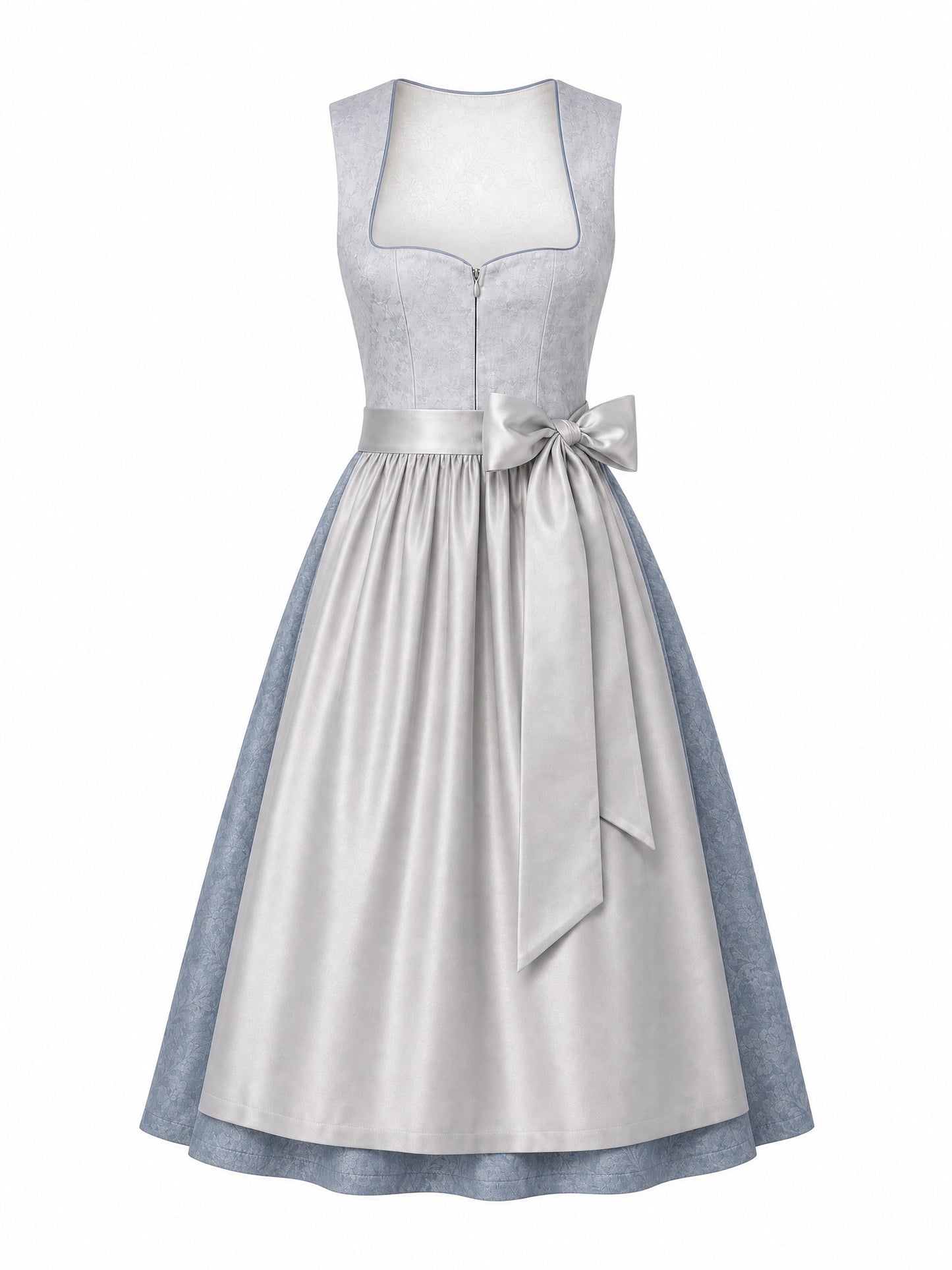 Dirndl Marie in Silberblau mit Perlgrau Schürze - Vorderansicht