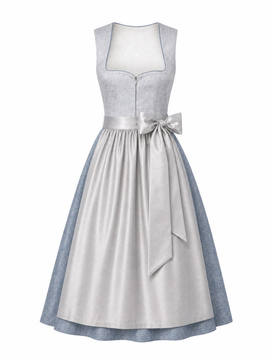 Dirndl Marie in Silberblau mit Perlgrau Schürze - Vorderansicht
