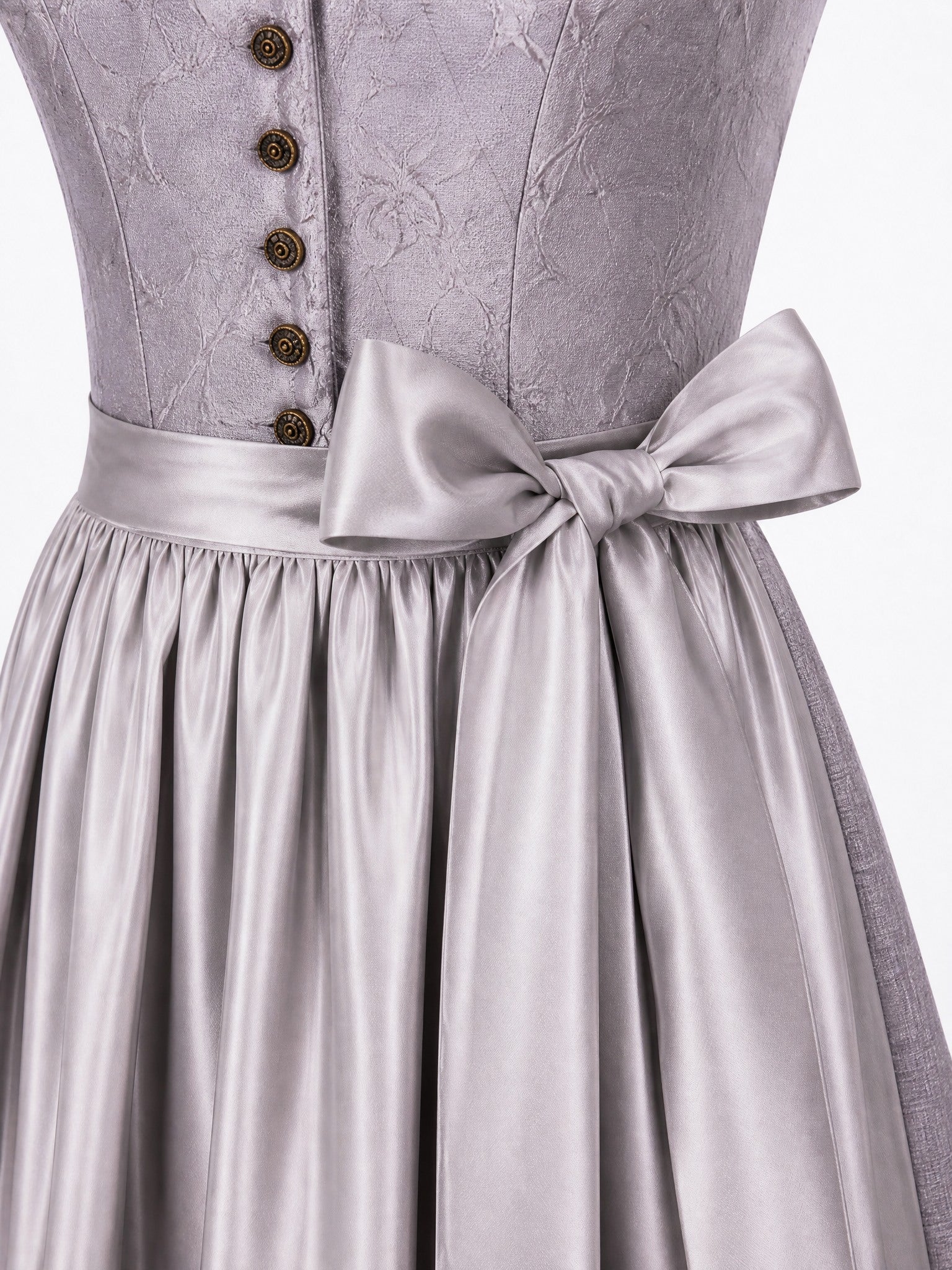 Dirndl Bella in Rauchflieder mit Perlgrau Schürze - Detailansicht Taille und Schleife