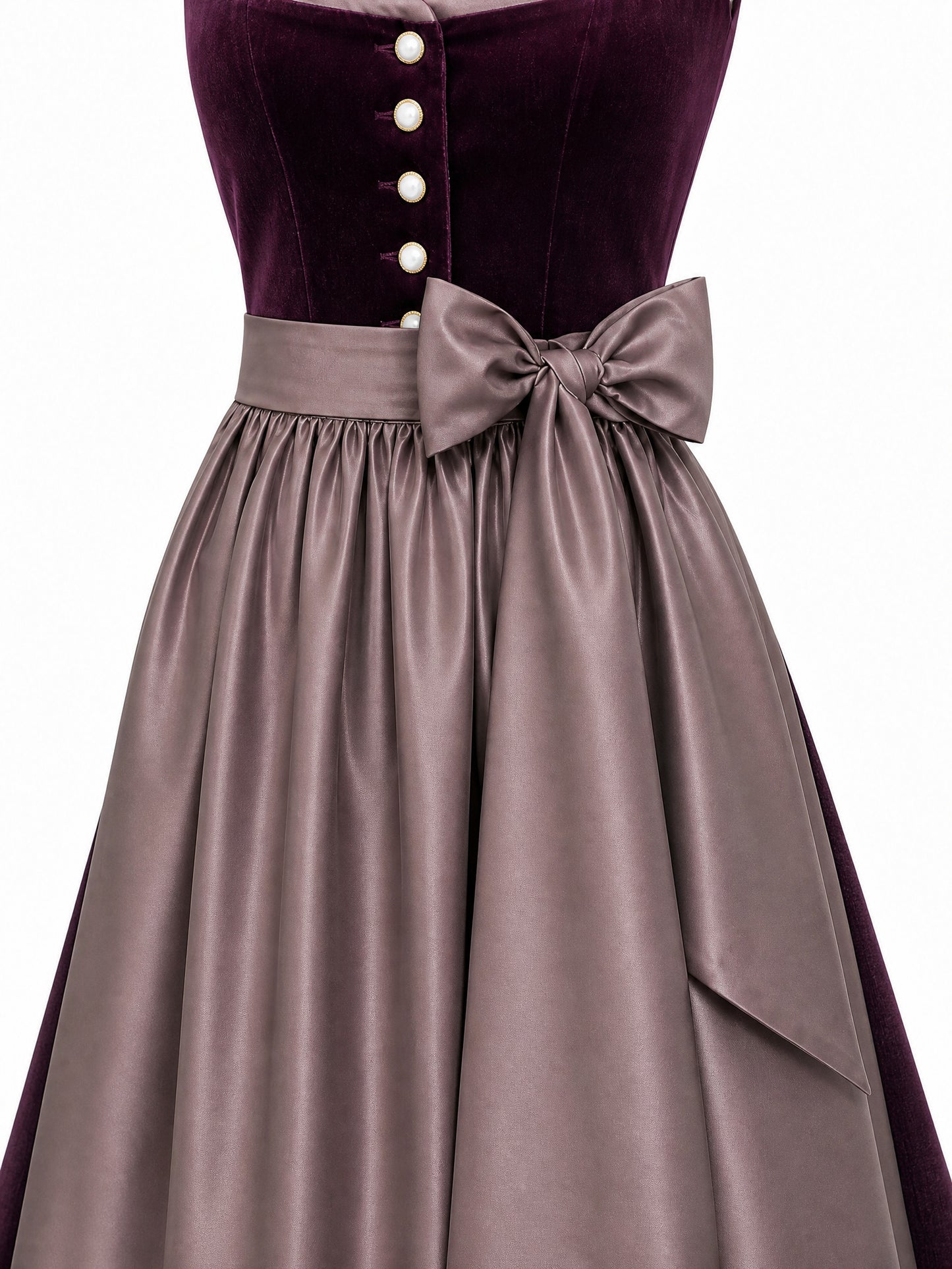 Dirndl Lena in Brombeere mit Taupe Schürze - Detailansicht Taille und Schleife
