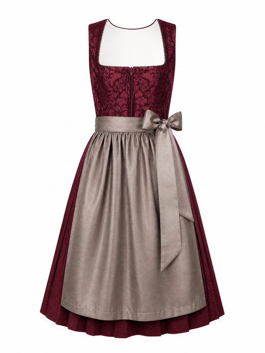 Dirndl Mathilda in Weinrot mit Taupe Schürze - Vorderansicht