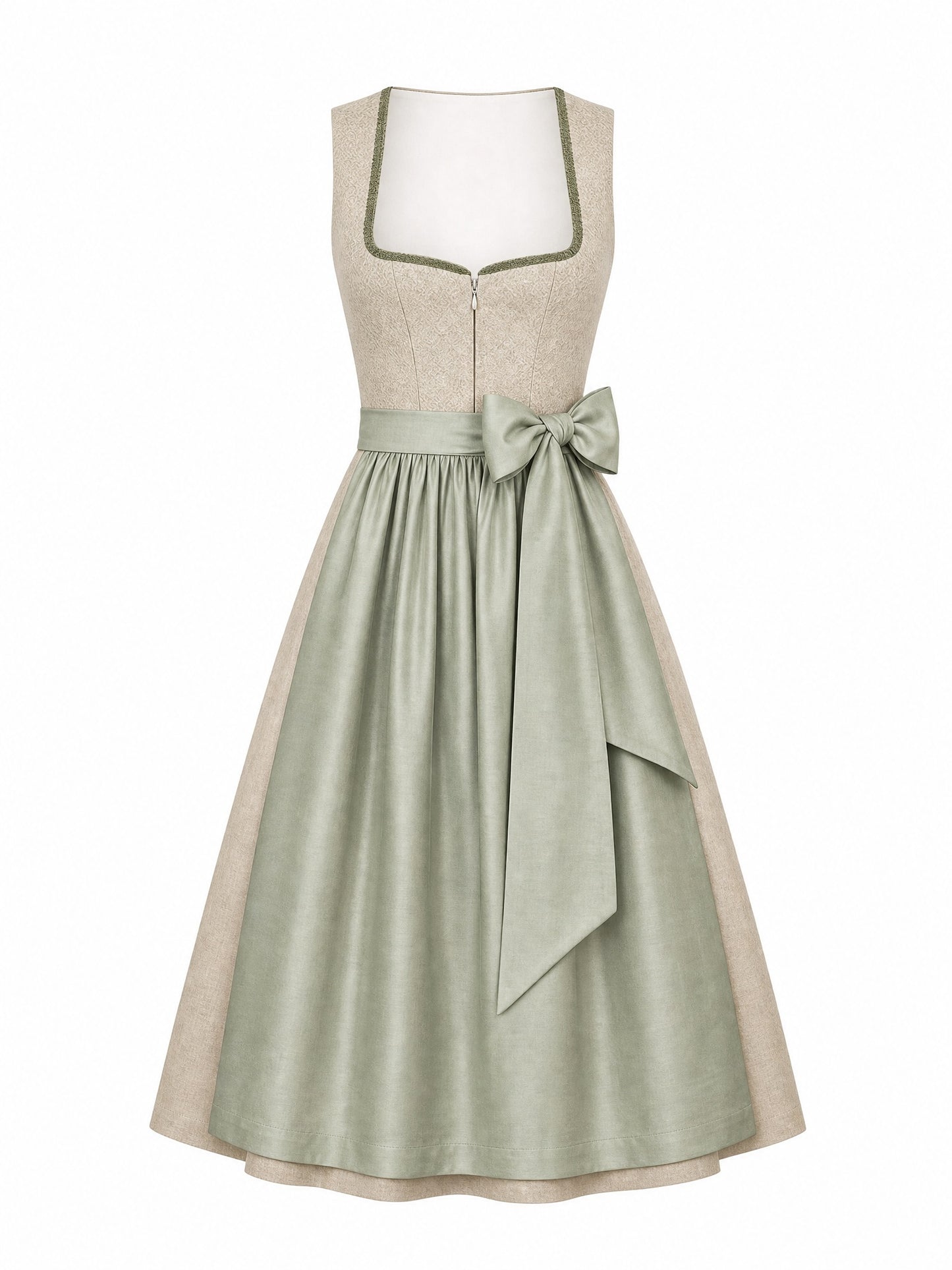 Dirndl Nora in Tonbeige mit Eukalyptusgrün Schürze - Vorderansicht