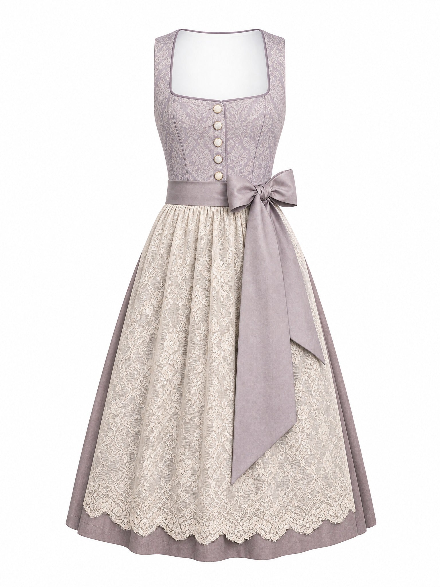 Dirndl Elisa in Alt-Lavendel mit Elfenbein Schürze - Vorderansicht