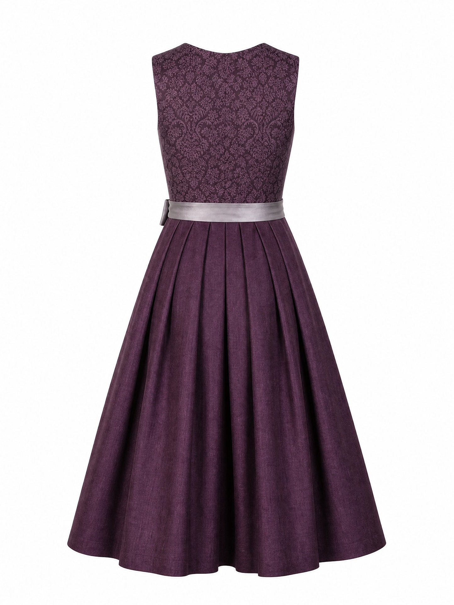 Dirndl Amelia in Aubergine mit Perlgrau Schürze - Rückansicht