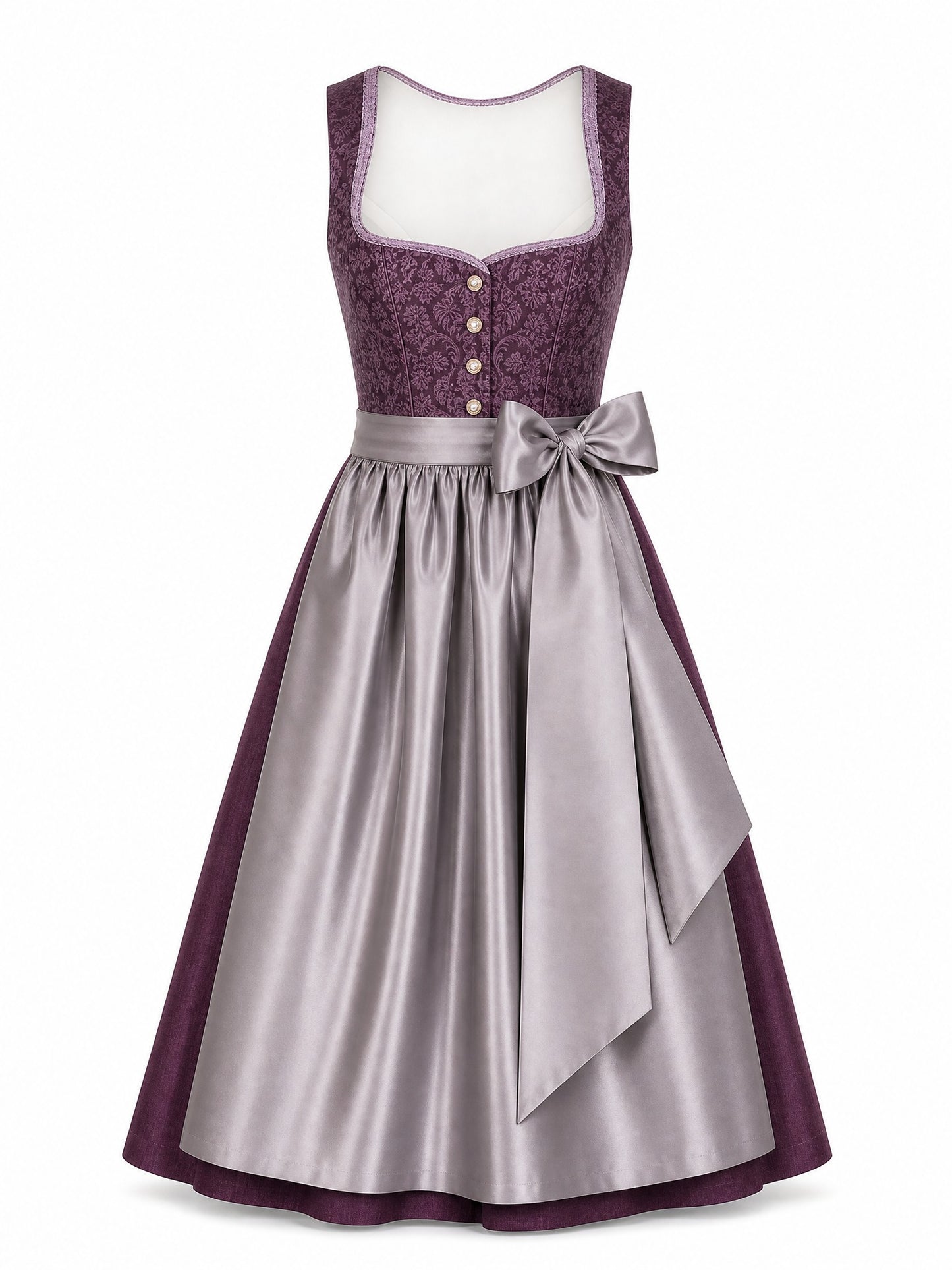 Dirndl Amelia in Aubergine mit Perlgrau Schürze - Vorderansicht