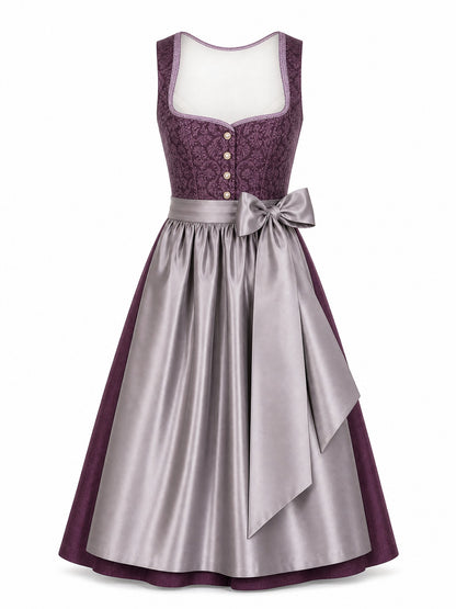 Dirndl Amelia in Aubergine mit Perlgrau Schürze - Vorderansicht