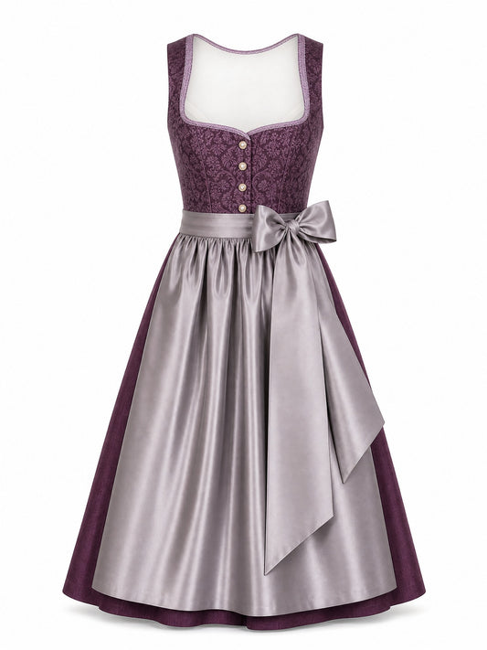 Dirndl Amelia in Aubergine mit Perlgrau Schürze - Vorderansicht