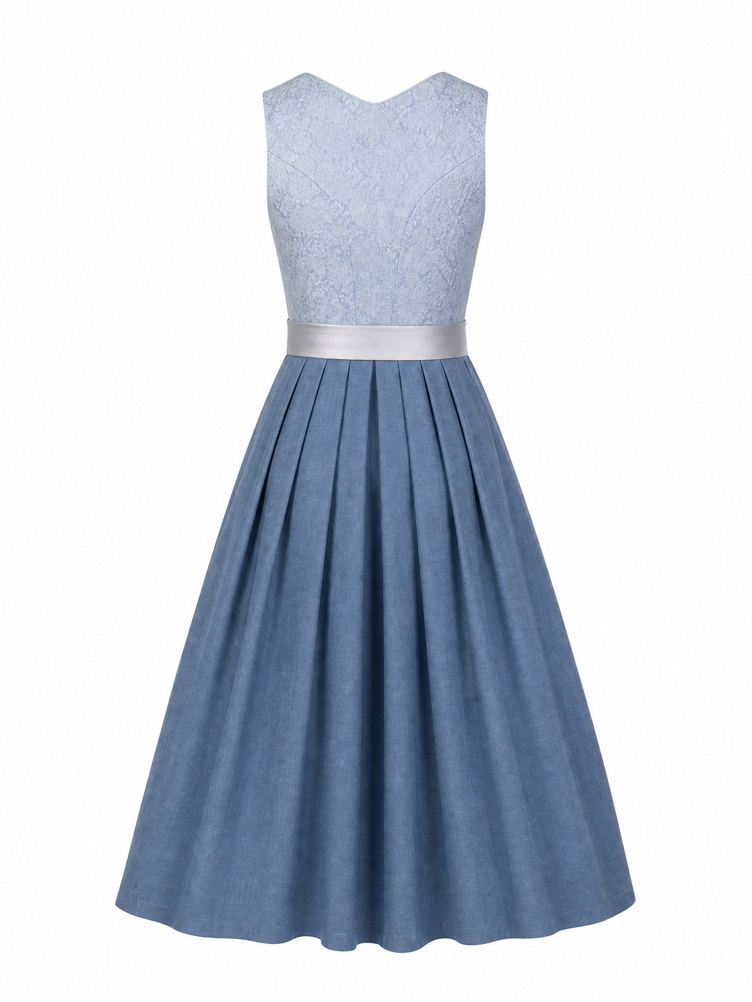 Dirndl Aurelia in Puderblau mit Silber Schürze - Rückansicht