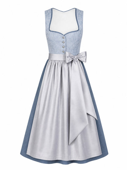 Dirndl Aurelia in Puderblau mit Silber Schürze - Vorderansicht