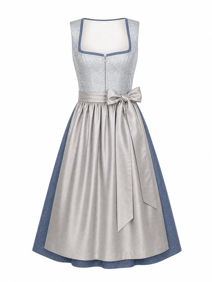 Dirndl Luise in Silberblau mit Perlgrau Schürze - Vorderansicht