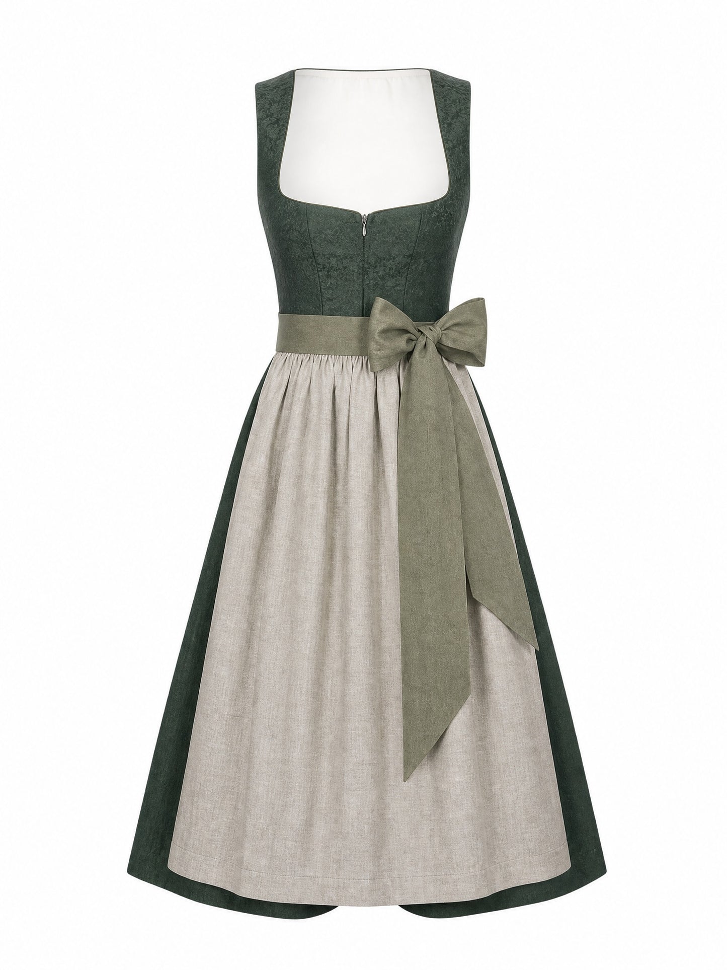 Dirndl Charlotte in Waldgrün mit Haferbeige Schürze - Vorderansicht