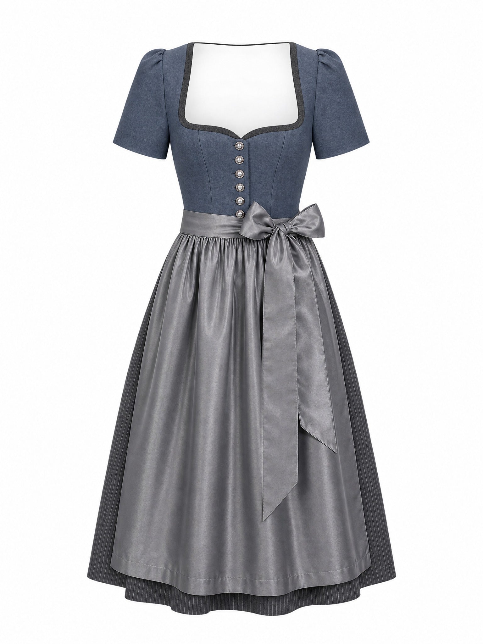 Dirndl Emilia in Stahlblau mit Sturmgrau Schürze - Vorderansicht