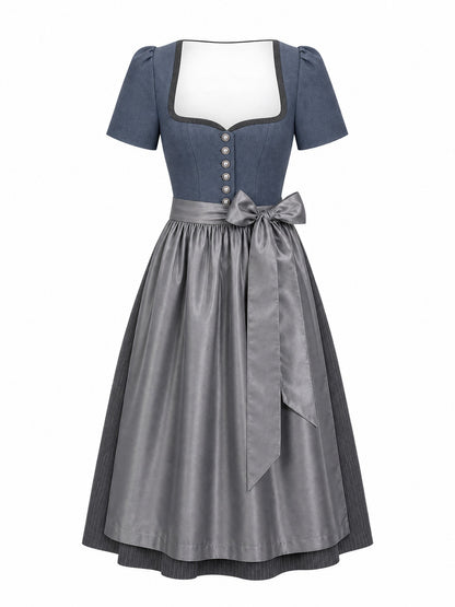 Dirndl Emilia in Stahlblau mit Sturmgrau Schürze - Vorderansicht