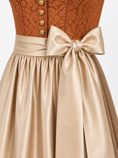 Dirndl Freya in Sienabraun mit Champagner Schürze - Detailansicht Taille und Schleife