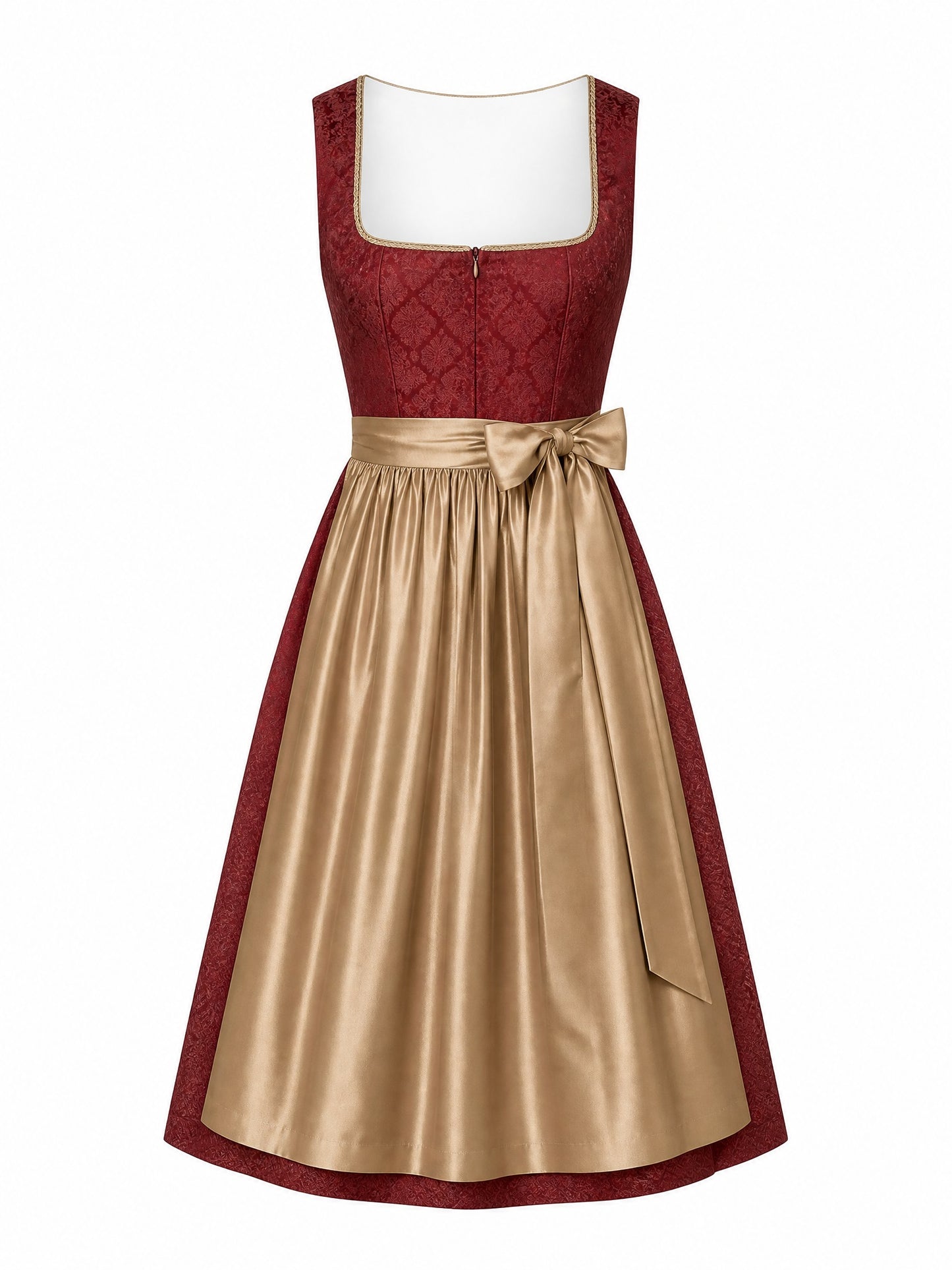 Dirndl Mia in Cranberryrot mit Antikgold Schürze - Vorderansicht